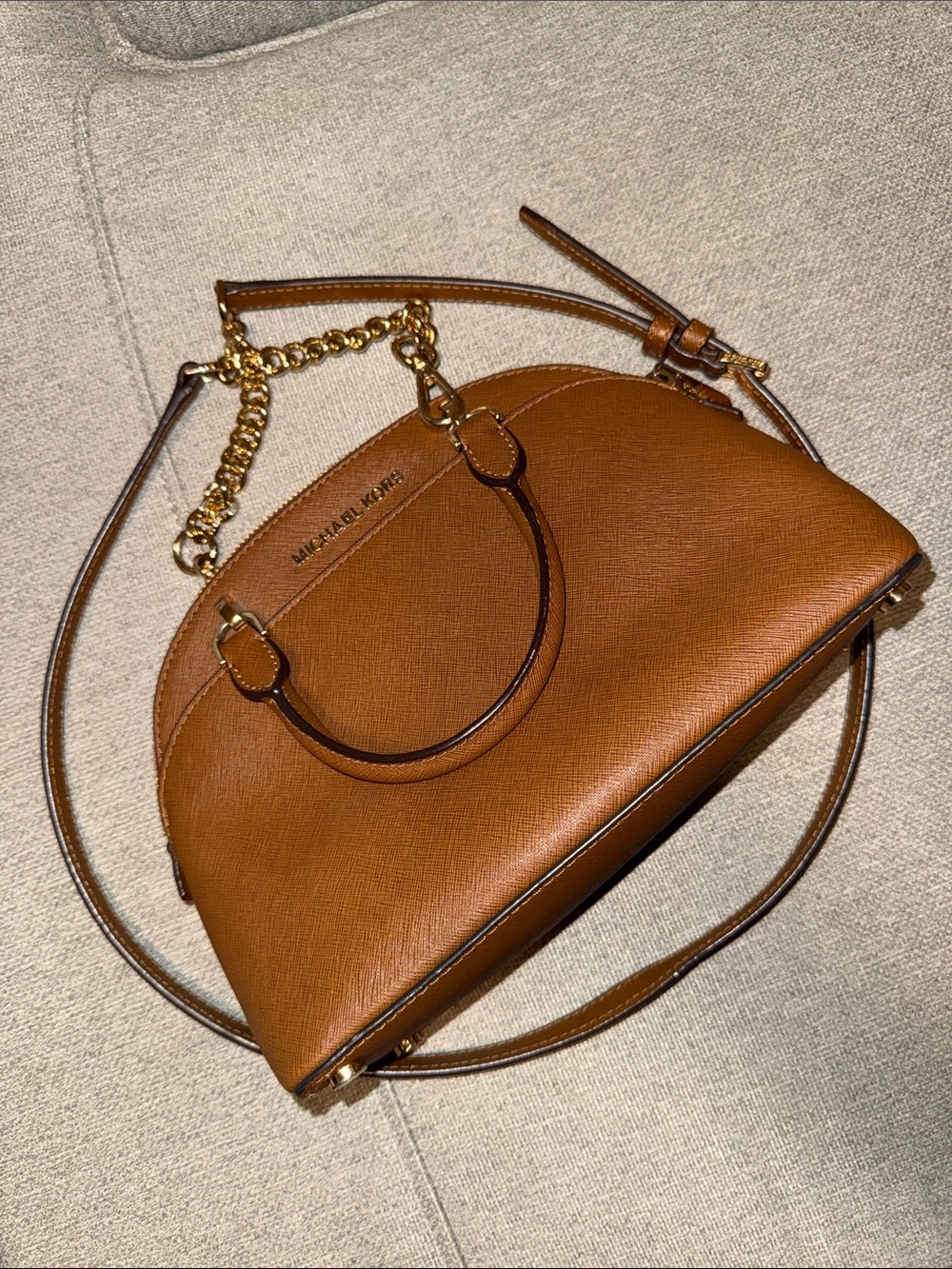 Saffiano Leather Dome Satchel with Gold-Tone Chain